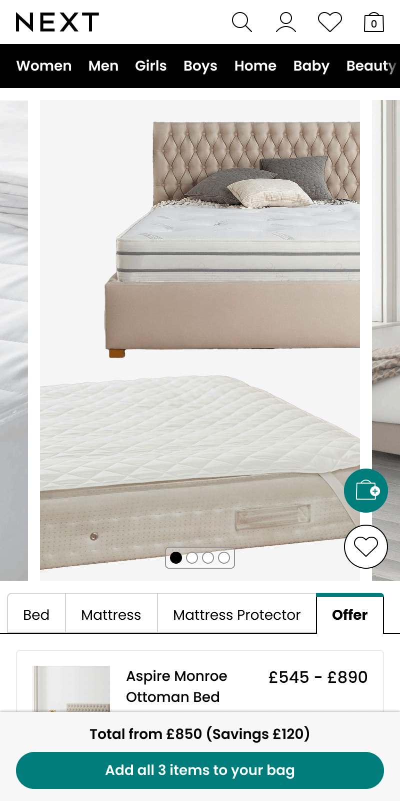 An animated prototype of the bundles page with tabs showing a bed, mattress and mattress protector on mobile
